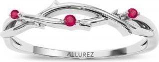 Allurez Round Ruby Vine Leaf Ring Wedding Band 14K White Gold (0.03ct)