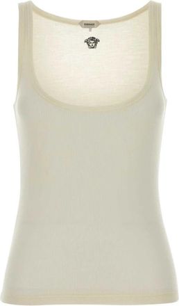 Versace Geborduurde Ribgebreide Wollen Tanktop - Dames - Tops zonder mouwen - Beige - M - Wol - Tops