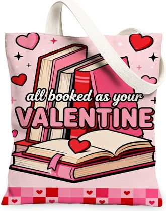 Generic ValentineS Day Heart Pattern Canvas Tote Bags, Cute Book Design Reusable Grocery Bags, Lightweight Washable Shoulder Strap, Peach, 13x15 Inch