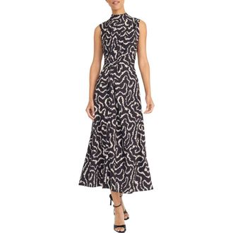 Maggy London Print Mock Neck Sleeveless Midi Dress in Black/Tan at Nordstrom Rack, Size 12