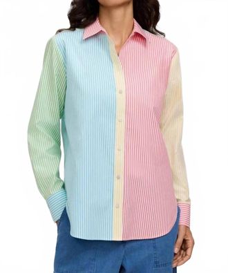Foxcroft Womens Meghan No Iron Pinpoint Mixed Stripes Long Sleeve Shirt In Blue