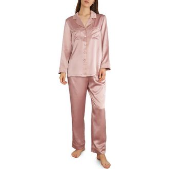 LilySilk Womens Gold Piping Silk Pajamas Set in Rosy Pink at Nordstrom, Size Medium