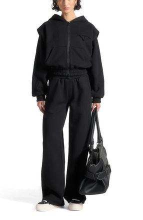 Mani&egrave;re De Voir Louna Wide Shoulder Zip Through Hoodie in Black at Nordstrom, Size 10