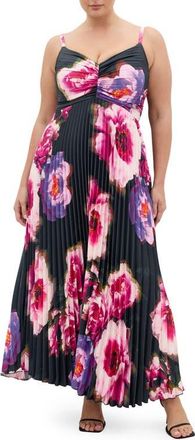 City Chic Ariana Floral Print Pleat Maxi Dress in Pink Garden Gala at Nordstrom, Size Xxxs