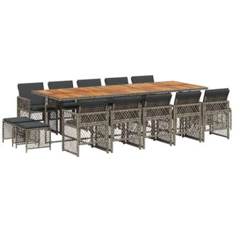 vidaXL Set Comedor De Jard&iacute;n Con Cojines 15 Pzas Rat&aacute;n Sint&eacute;tico Gris Vidaxl