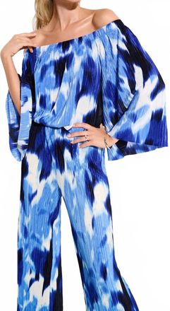 Joseph Ribkoff Pleated Novelty Tropical Print Off-Shoulder Top In Blue/vanilla
