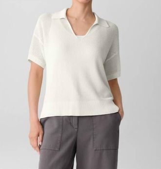 Eileen Fisher Cord Split Neck Sweater In Ivory