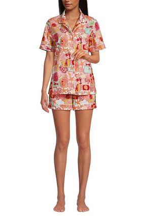 Lands End Poplin 2 Piece Pajama Set - Short Sleeve Shirt and Shorts in Tropical Stamp/white at Nordstrom, Size X-Small