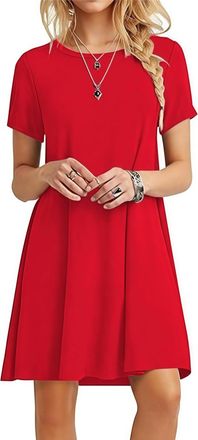 Zeagoo Summer Dresses for Women Short SleeveT Shirt Dress with Pockets Casual Round Neck Ladies Dresses Red Size S