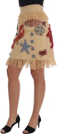 Dolce & Gabbana Crystal Beige Palm Fiber Womens Skirt