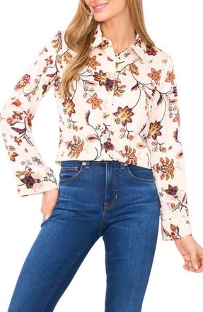 CeCe by Cynthia Steffe Floral Border Print Satin Button-Up Shirt in Buttercream at Nordstrom, Size Small