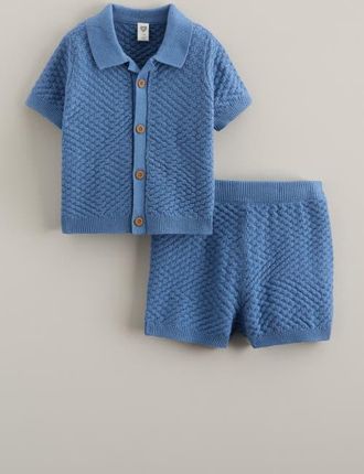 Nordstrom Short Sleeve Knit Button-Up Shirt & Shorts Set in Blue Riviera at Nordstrom, Size 24M