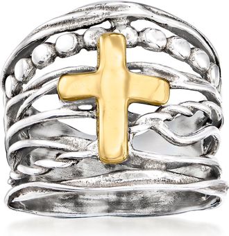 Ross-Simons Sterling Silver and 14kt Yellow Gold Multi-Row Cross Ring