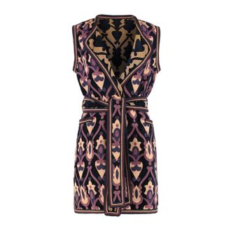 Etro Jassen, Dames, Veelkleurig, S, Leer, Mouwloze Jas met Gedetailleerd Patroon