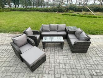 Fimous 8 Seater Outdoor Rattan Garden Furniture Set Patio Lounge Sofa Set with Rectangular Coffee Table Big Footstool Side Table Dark Grey Mixed