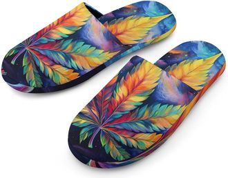 Generic Psychedelic Rainbow Weed Mens Cozy House Slippers Winter Warm Shoes with Anti-Slip Sole for Travel Indoor Outdoor