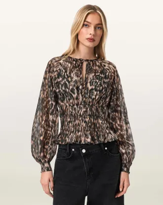 AllSaints Cern Animal Print Shirred Top