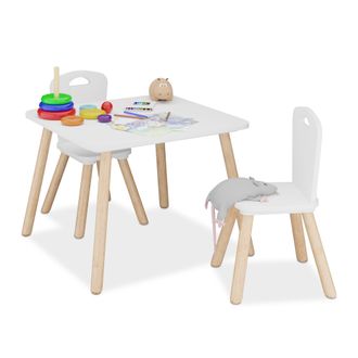 Relaxdays Relaxdays Mesa Y 2 Sillas Infantiles, Conjunto Mobiliario Ni&ntilde;os 3 Piezas, Set Muebles Dormitorio, Blanco Y Natural