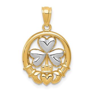 Diamond2Deal 14k Yellow Gold Rhodium-plated Shamrock and Claddagh Pendant