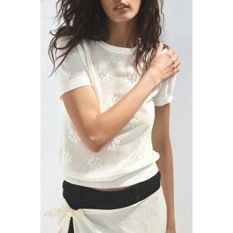 Mango Floral Crochet Short Sleeve Sweater in White at Nordstrom, Size X-Small