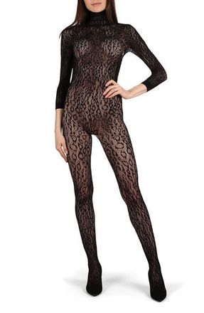 MeMoi Wild Leopard Seamless Sheer Bodysuit in Black at Nordstrom, Size Small