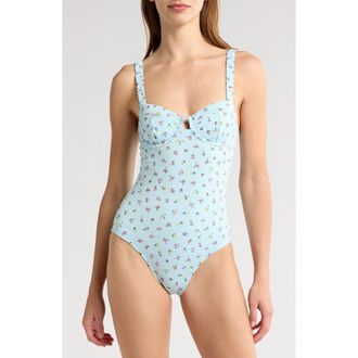 Solid & Striped Verona Embroidered Seersucker One-Piece Swimsuit in Embroidered Floral Sky at Nordstrom, Size X-Small