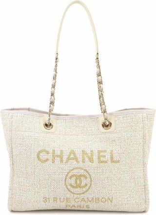 Chanel Gold White Tweed Leather Tote Bag (Pre-Owned)