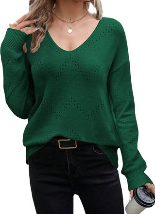 Zeagoo Womens Jumpers V Neck Long Sleeve Jumper Tops Ladies Pullover Blouse Sweater for Winter Fall Spring Green XL