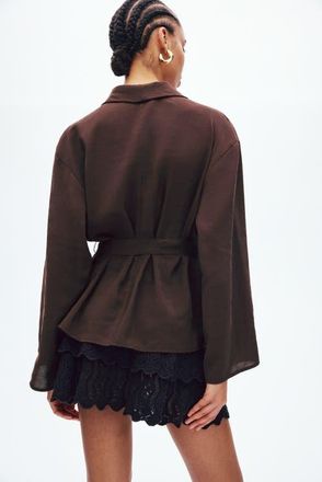 H&M Oversized Tie-belt Blazer in Dark Brown at Nordstrom, Size X-Small