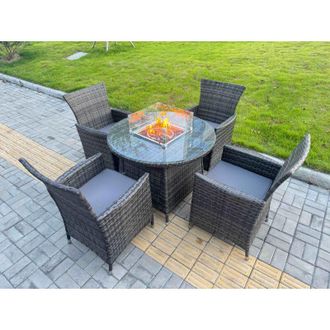 Fimous Fimous 5-Piece PE Rattan Garden Furniture with Medium Round Gas Firepit Table and 4 Chairs for Patio Dark Grey Mixed