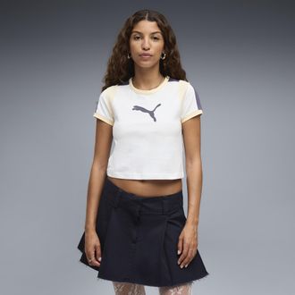 Puma T-shirt aderente da donna con collo a costine e stampa grafica, Abbigliamento, Bianco, XL