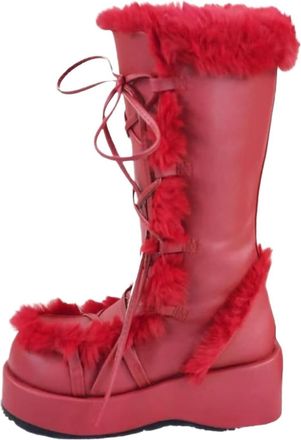 Generic Round Toe Sloping Heel Lace Up Snow Boots Hairy Lace Up Thick Heel High Gothic Thick Soled Boots(Red,US11)