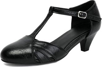 Generic Womens Fashion T-Strap Buckle Mary Jane Pumps Shoes Hollow Out Closed Toe Cone Heels Casual Dress Sandals (Black,7.5)