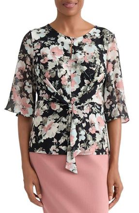 Kasper Floral Print Mixed Media Tie Waist Top in Black Multi at Nordstrom, Size X-Large
