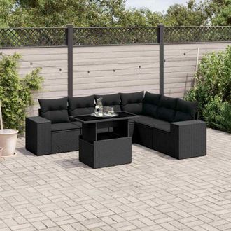 vidaXL Set De Sof&aacute;s De Jard&iacute;n 7 Pzas Con Cojines Rat&aacute;n Sint&eacute;tico Negro Vidaxl