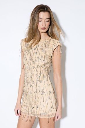 Misspap Premium Embellished Beaded Mini Dress in Nude at Nordstrom, Size 10