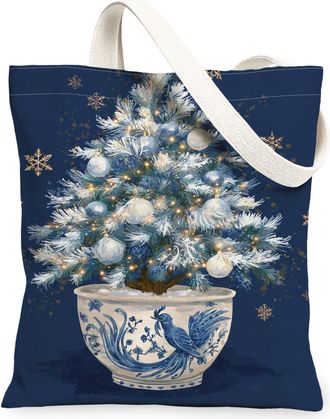 Generic Christmas Tree Canvas Tote Bags, Elegant Floral Design Reusable Shopping Bags, Winter Vintage Lightweight Washable Shoulder Strap Canvas for Travel Be