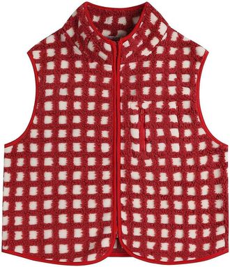 Generic Checkered Polar Fleece Vest for Women, Red Sleeveless Fleece Top High Collared Zip Up Winter Cardigan High Collared Winter Top with Zipper Warm Outfit