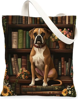 Generic Spring Boxer Dog Canvas Tote Bag for Shopping 13x15, Flower Bookshelf Puppy Reusable Grocery Print Bag for Women, Fun Pet Beach Aesthetic Painting Gif