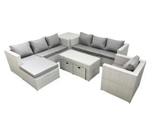 Fimous Wicker PE Rattan Sofa Garden Furniture Set with Oblong Coffee Table Armchair 3 Footstools Side Table Light Grey Mixed