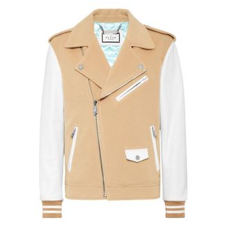 Philipp Plein Wool and Leather Biker - Heren - Zomerjassen - Beige - 2XL - Wol - Jassen