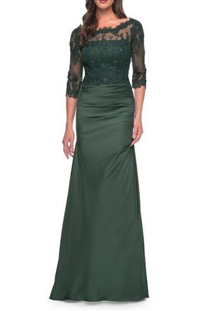 La Femme Satin and Lace Off the Shoulder Mermaid Gown in Dark Emerald at Nordstrom, Size 12