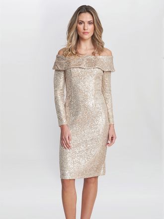 Gina Bacconi Womens Anthea Off The Shoulder Sequin Dress - Taupe - Size 10 UK