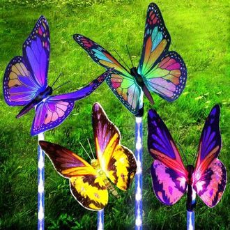 OEM Juego De 4 Luces Solares De Jard&iacute;n Con Forma De Mariposa, Con Fibra &Oacute;ptica Que Cambia De Color Y Estacas Led Impermeables, Para La Decoraci&oacute;n De Terra