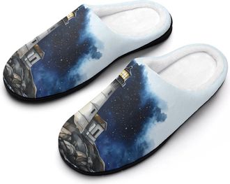 Generic Lighthouse Starry Sky Mens Slippers Slip On Comfortable Fleece Cotton House Shoes Winter