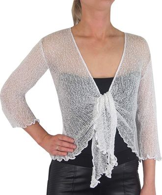 Mimosa Ladies Crochet Shrug Bolero Glitter or Plain Super Stretchy Lace Fish Net Tie at Waist Bolero Open Cardigan Fits UK 6-28 White/Silver