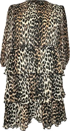 Ganni Ganni Leopard-Print Mini Tiered Dress in Brown Polyester