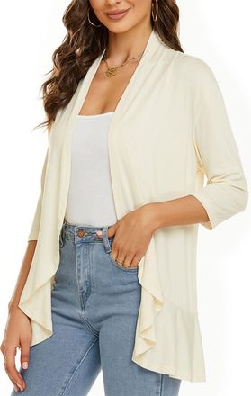 Generic Womens Casual Lightweight Open Front Cardigans, Womens Solid Color 3/4 Sleeve Cardigan for Women Ruffle (Cream White,XL)