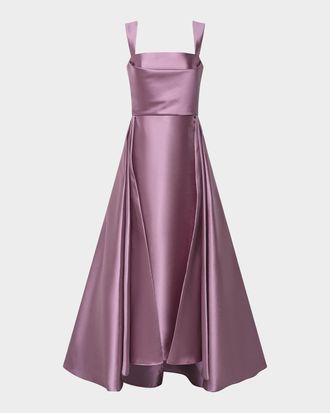 Theia Zendaya Pleated High-Low Satin Gown