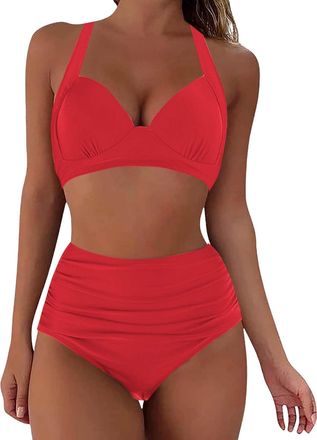 Generic Bikini Set Womens Swimwear High Waisted V Neck Women Bikinis Set Push Up Sexy Vintage Beachwear Twist Front Bikinis Top Ruched Retro Swimmwear Bathing